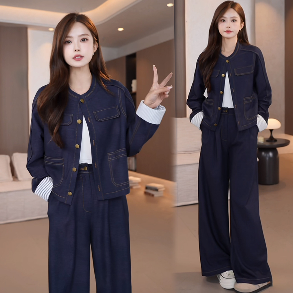 时尚套装女2025秋季新款减龄显瘦圆领拼接袖牛仔外套阔腿裤两件套