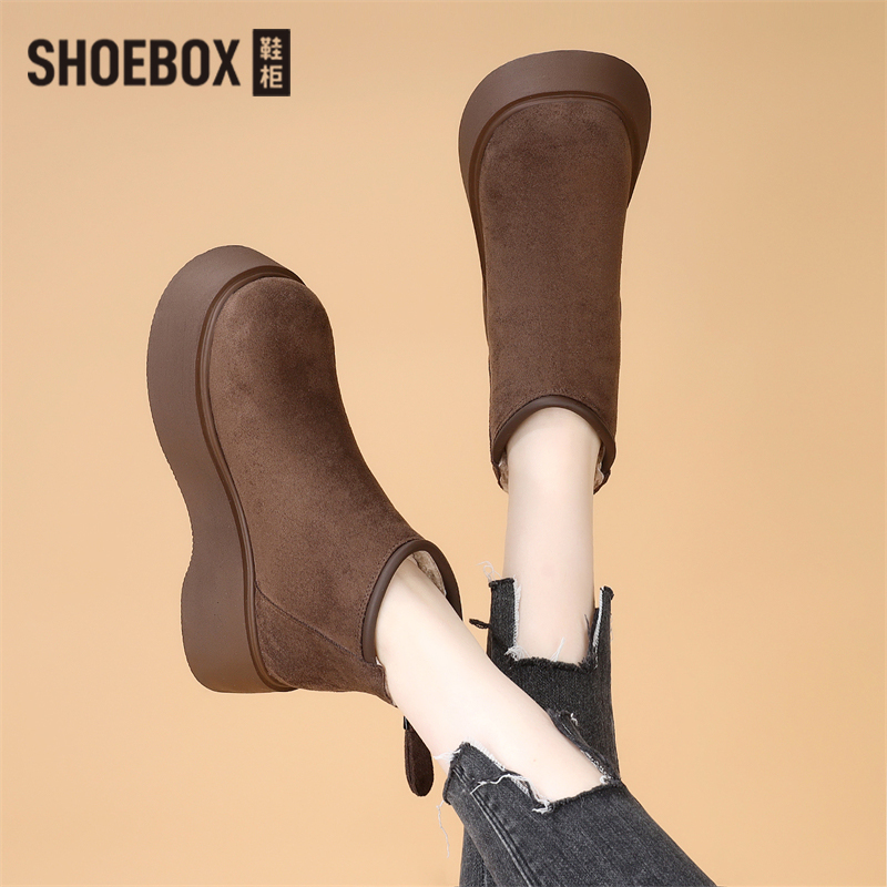 SHOEBOX鞋柜厚底勃肯短靴女2025秋冬季加绒棉靴复古棕色马丁靴