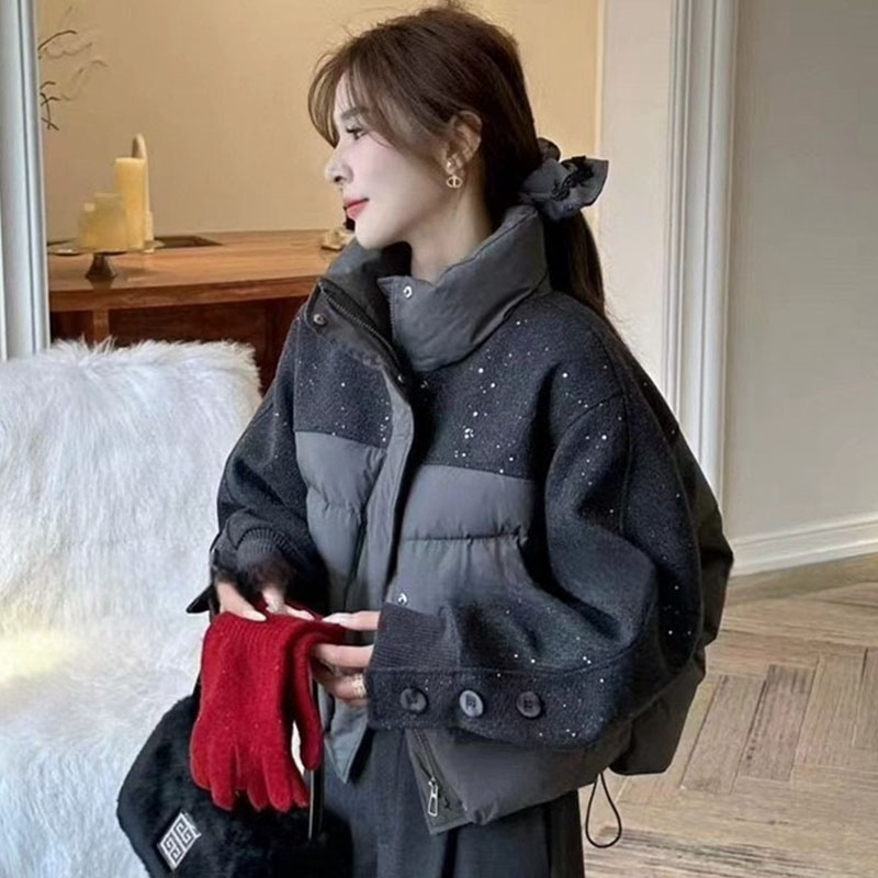 设计感韩系亮晶晶拼接棉服外套女2025冬季新款加棉加厚保暖上衣潮