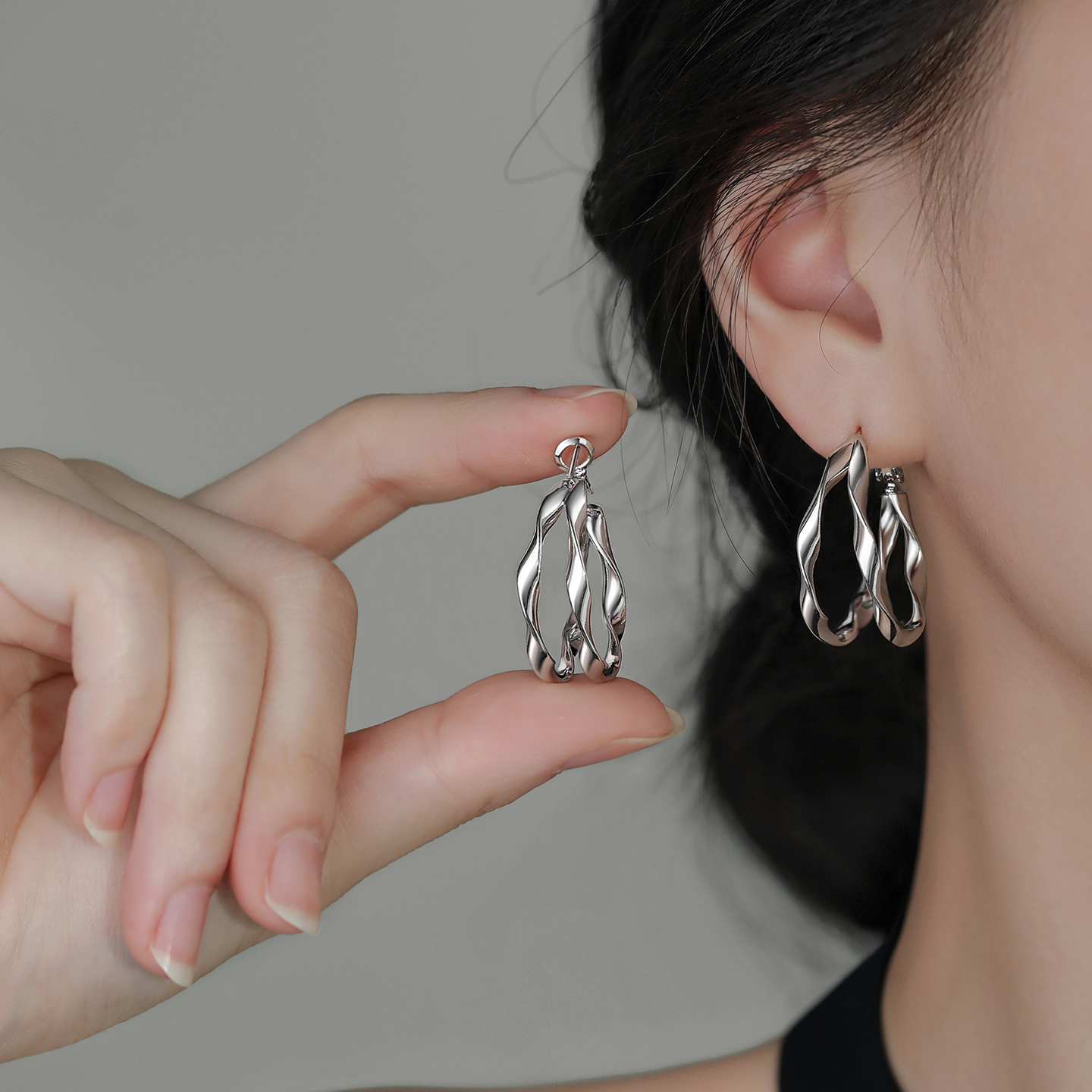 足银耳饰 999银针双层圆圈耳环女时尚个性ins小众设计感耳圈气质