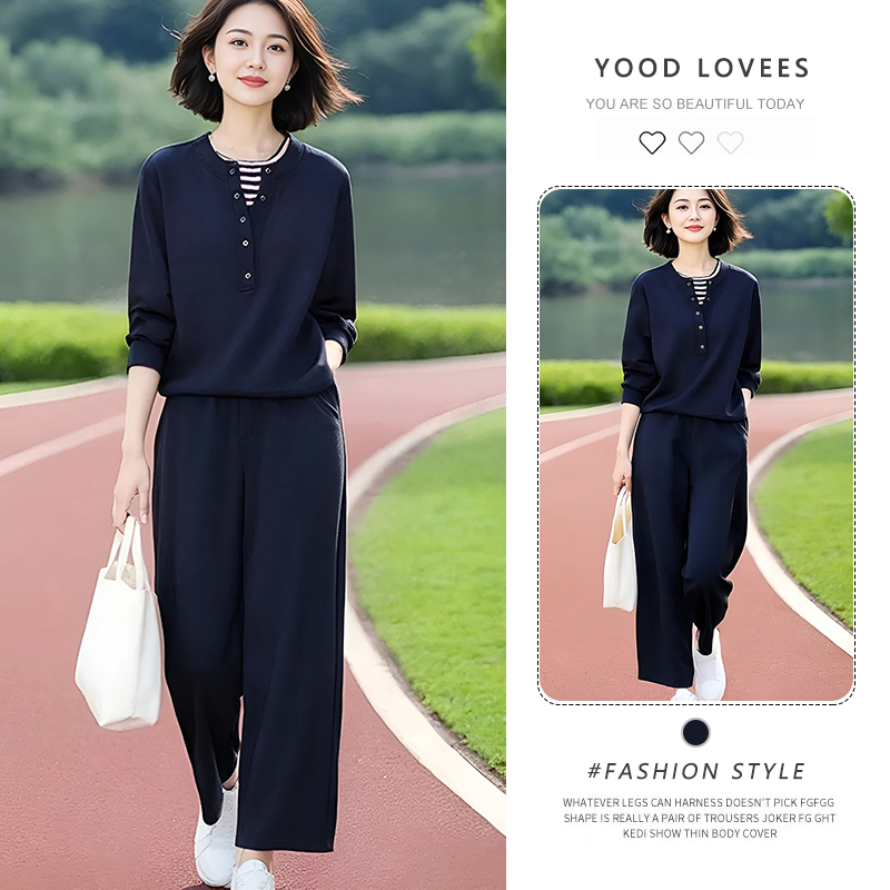 简约风时尚休闲假两件卫衣上衣女2025春秋新款气质松紧腰长裤套装