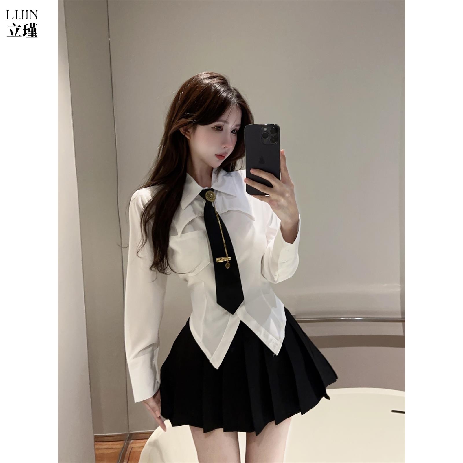 春秋学院风套装女jk制服气质polo领长袖衬衫高腰百褶裙两件套