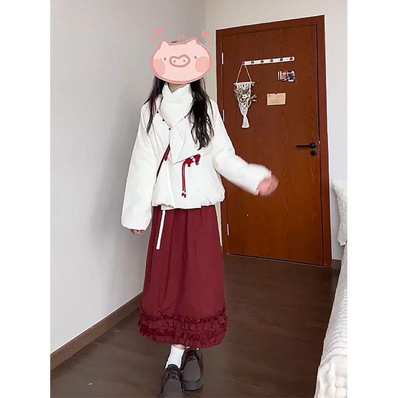 冬季套装女2024新款过年战袍新中式盘扣棉服外套女半身裙两件套装