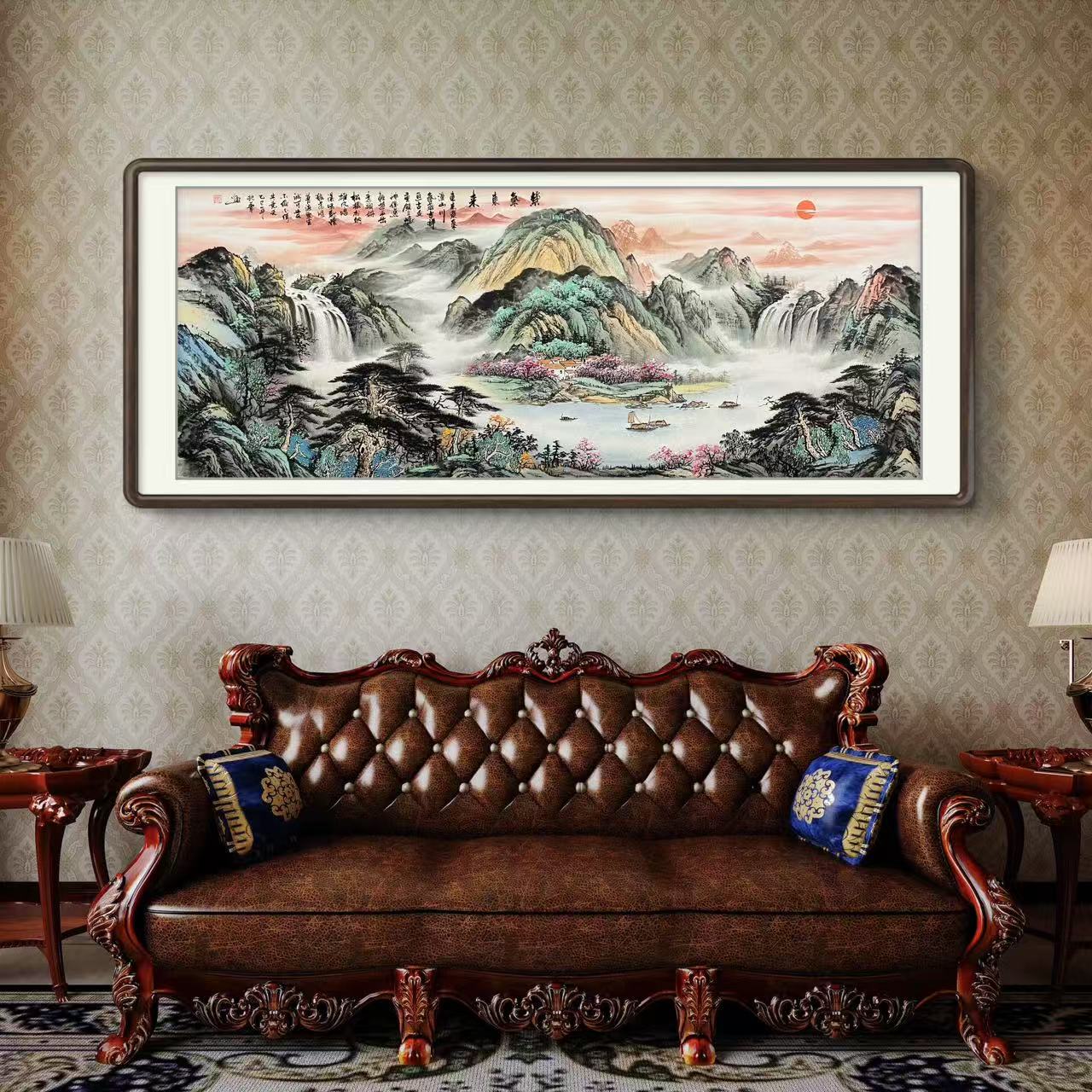 《紫气东来》纯手绘六尺横幅山水画客厅办公室国画挂画