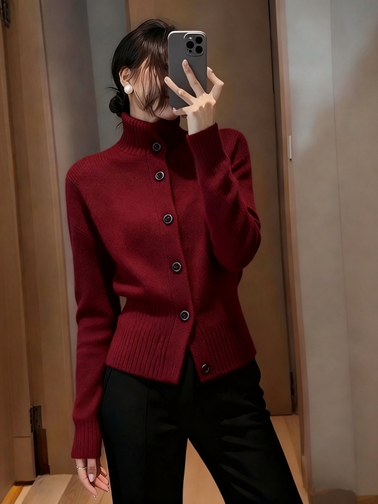 复古圣诞红色高领毛衣外套女秋冬高级感轻熟气质针织开衫软糯上衣