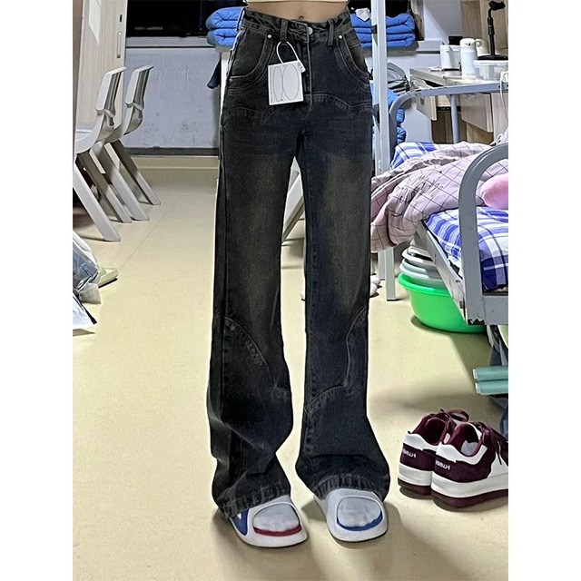 美式复古高腰阔腿牛仔裤女秋冬新款大码胖妹妹宽松显瘦微喇直筒裤