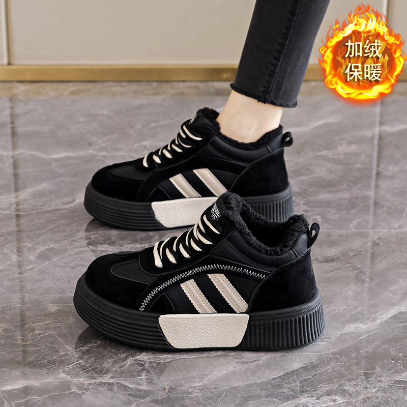 黑色鞋子高帮鞋女款运动鞋冬季棉鞋加绒保暖不累脚上班工作鞋冬鞋