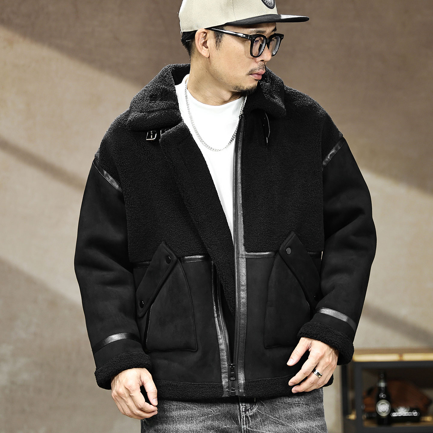 BQDK美式复古麂皮绒拼接工装外套男冬棉衣颗粒绒保暖加厚棉服男