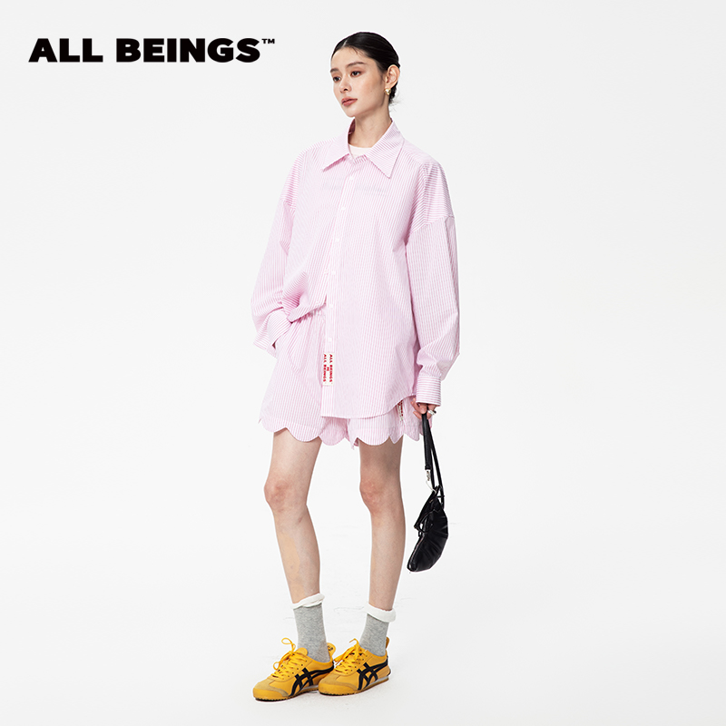ALL BEINGS25年春夏设计师新款粉色条纹刺绣休闲时尚廓形感衬衫