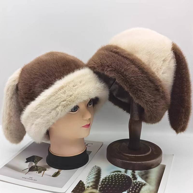 可爱兔耳朵毛绒帽子女冬季防寒保暖套头帽甜美百搭学生包头帽冷帽