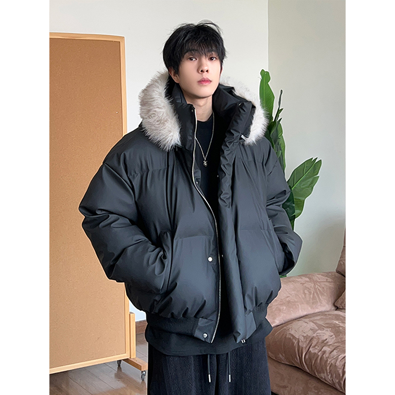 美式可拆卸连帽棉服男款冬季美式短款加厚宽松面包服毛领棉衣外套