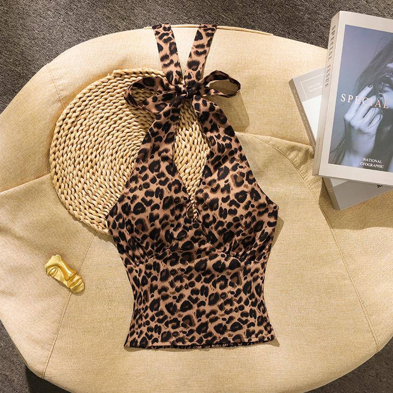 FAVMARTHA美式豹纹挂脖吊带背心女夏外穿胸垫酷辣拽姐穿搭辣妹露