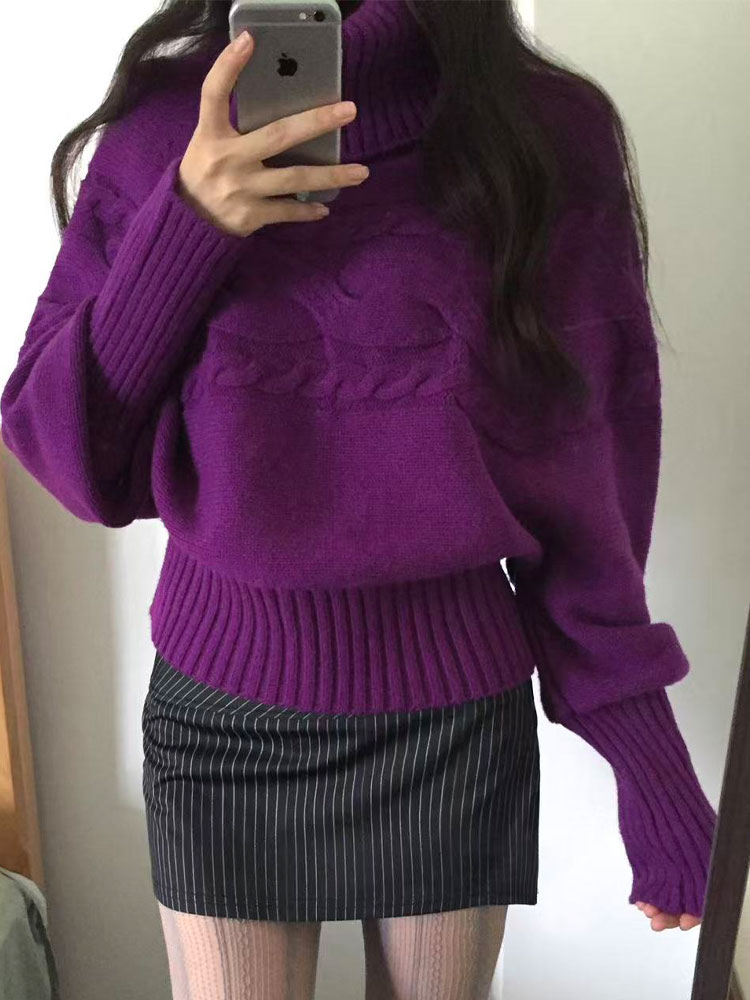 慵懒风紫色高领复古宽松显瘦套头针织衫女秋季高级感优雅百搭毛衣