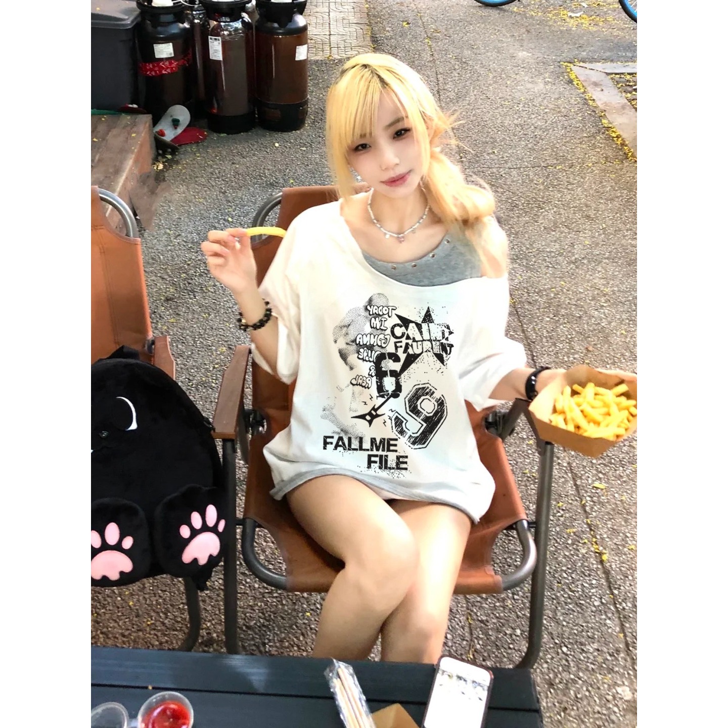 夏季新款辣妹露肩短袖t恤女美式高街潮牌印花宽松慵懒风上衣