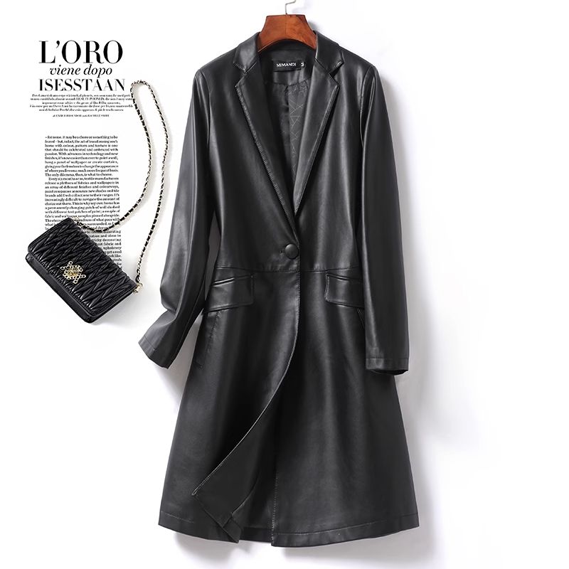 真皮皮衣女西服中长版修身显瘦外套海宁春装新款气质西装绵羊皮潮