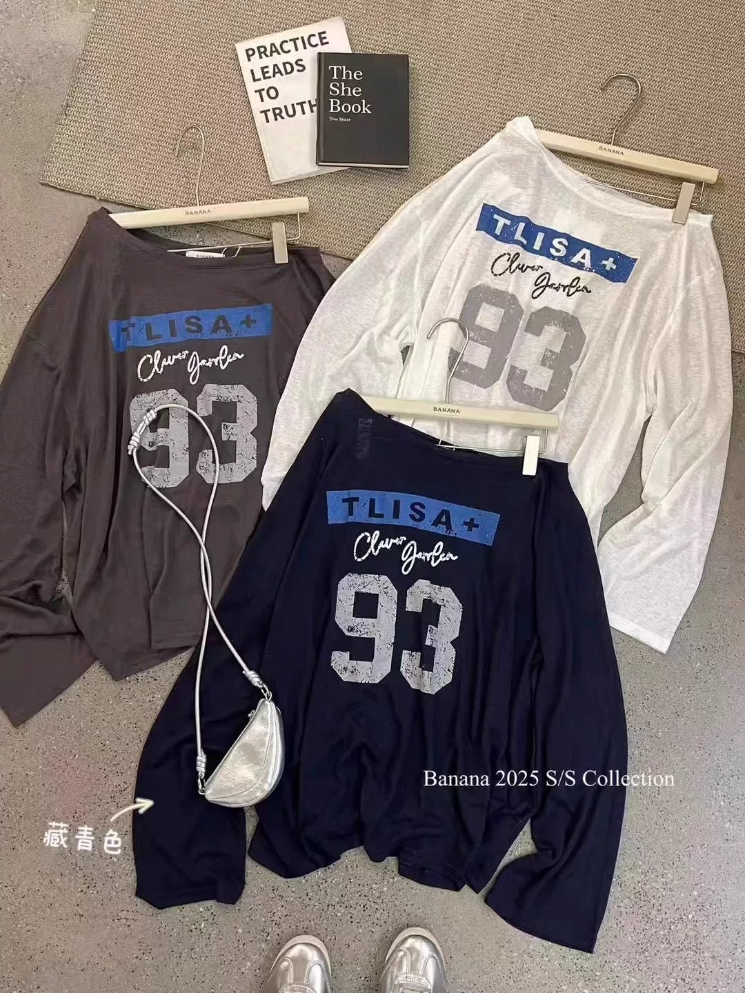 斜肩面膜感雪花罩衫女夏薄款露肩宽松慵懒风韩里韩气长袖t恤上衣