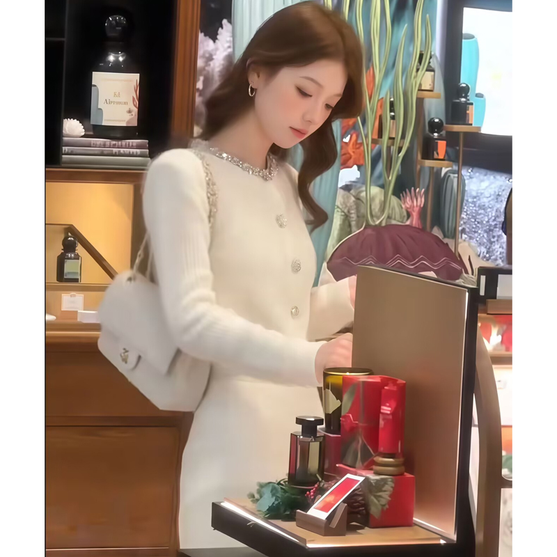 韩系气质简约小个子修身短款钻领长袖针织开衫高腰显瘦百搭半身裙