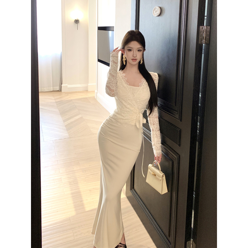 纯欲复古气质套装女冬修身吊带包臀鱼尾长裙外搭系带蕾丝长袖开衫