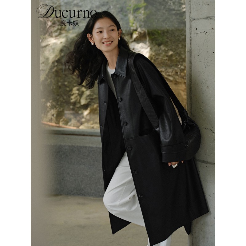 皮衣外套女韩系高级感2025秋季新款百搭通勤休闲翻领廓形长款大衣