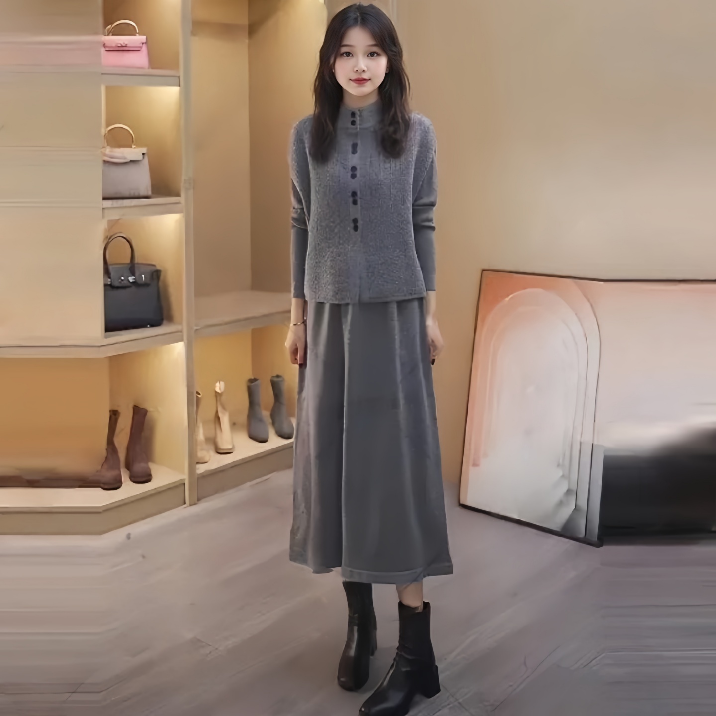 洋气针织长袖套装女2025秋冬大码胖MM新款小个子马甲+裙子两件套