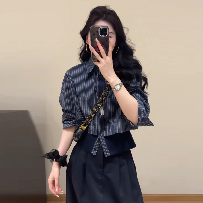 时尚洋气拼接假两件上衣女2025秋季新款Polo领小众长袖格子衬衫