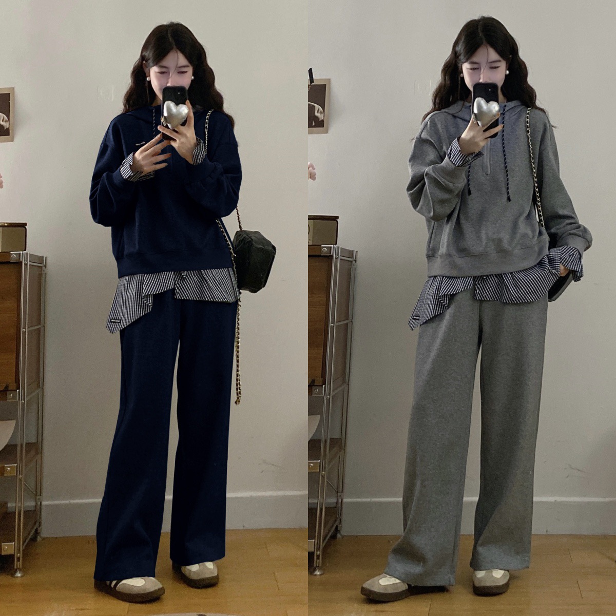 大码2025秋季新款韩系长袖连帽假两件卫衣时尚休闲裤洋气两件套