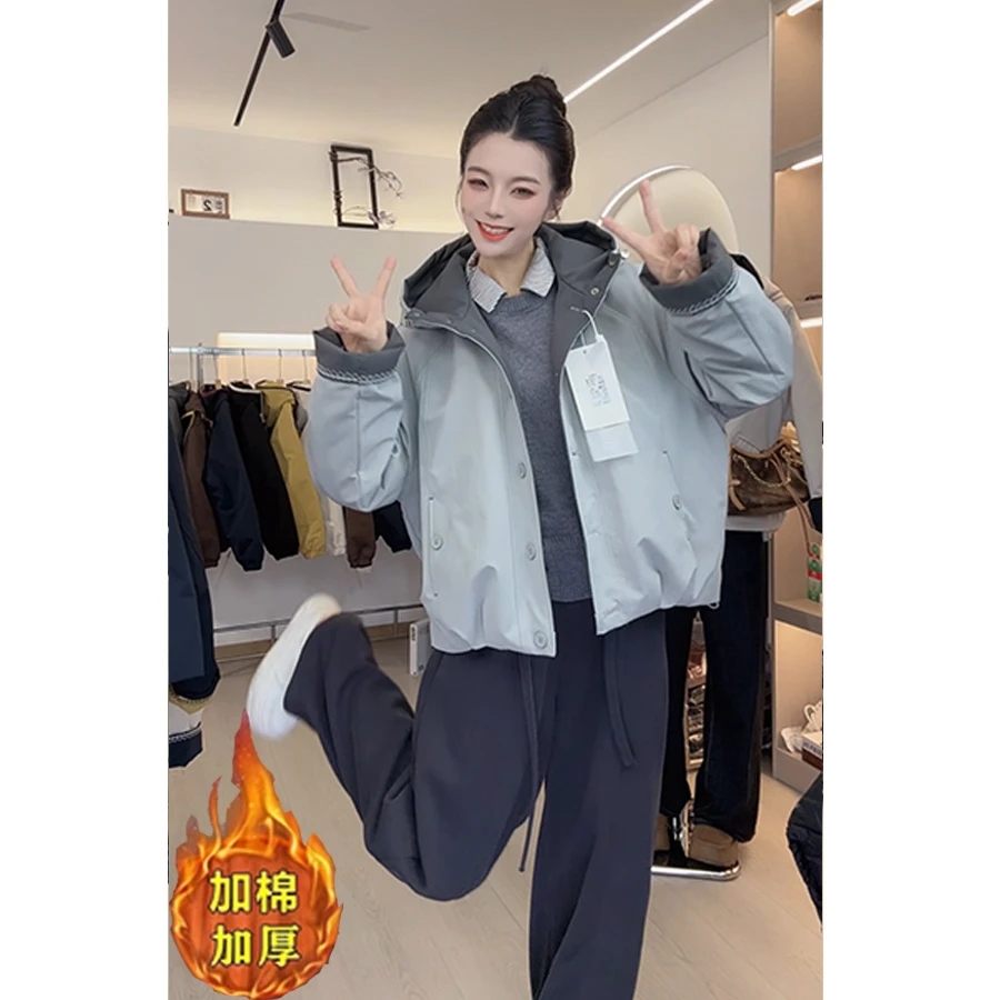 小个子短款外套女冬2025新款加棉加厚连帽百搭女宽松长袖时尚外套