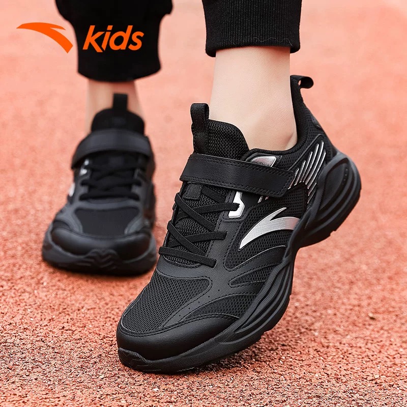 安踏儿童临风跑步鞋2025秋季网面软底防滑学生轻便运动鞋黑色