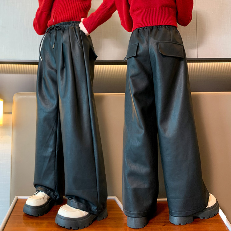 女童冬装加绒裤子女大儿童一体绒直筒皮裤免洗秋冬女孩阔腿保暖裤