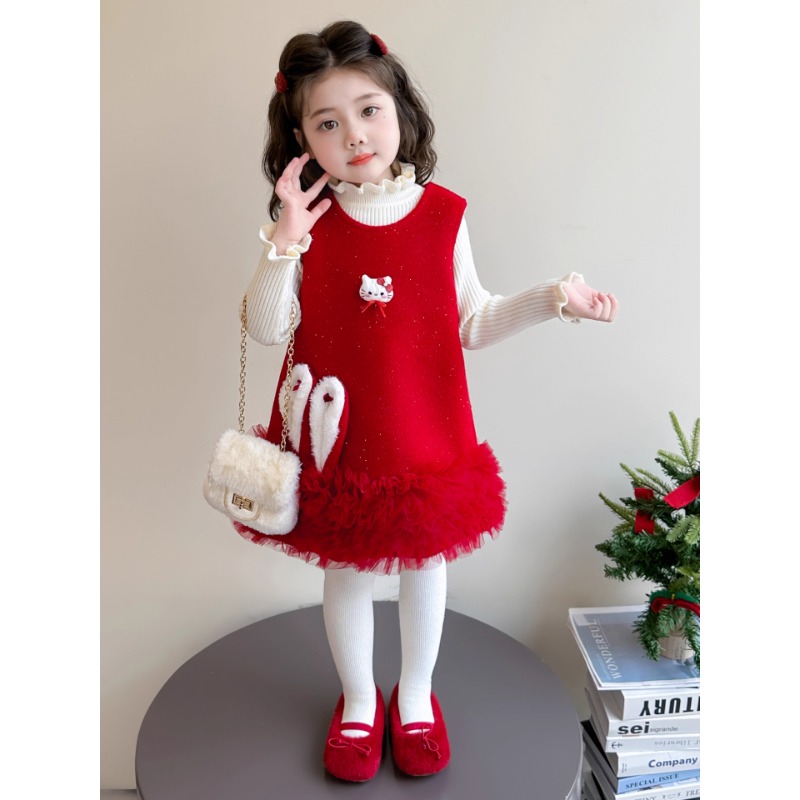 女童加绒兔耳朵马甲裙套装秋冬2025款洋气女宝宝喜庆拜年服公主裙