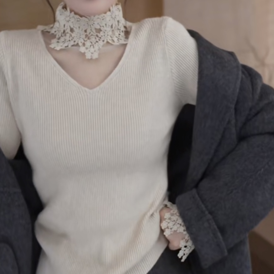 重工立体花边打底毛衣时尚百搭针织上衣长袖托G32