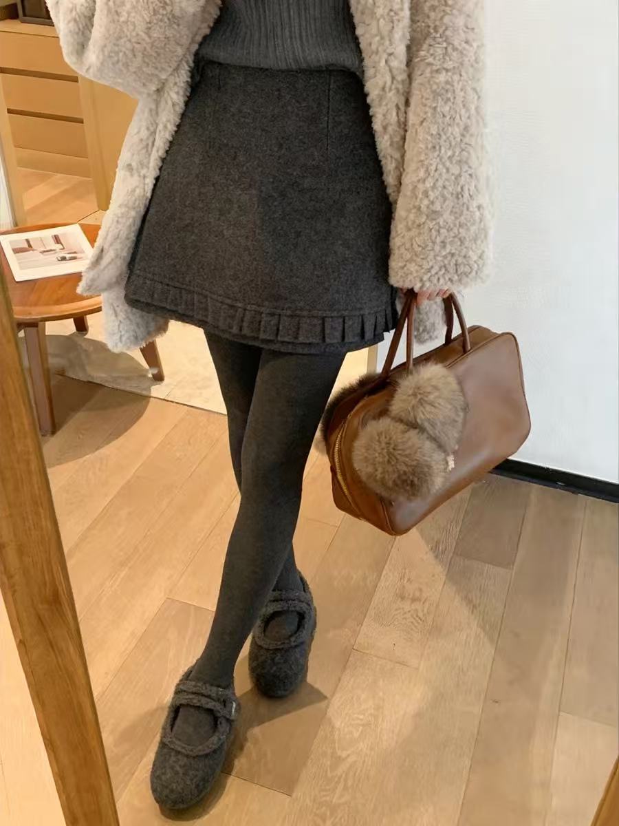 韩系秋冬纯色针织半身裙女高腰显瘦A字毛呢短裙气质百搭裙子