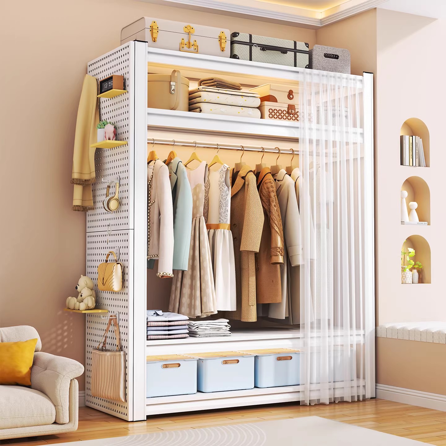 家用开放式衣柜洞洞板防尘帘衣帽架租房卧室钢制多层落地简易衣架