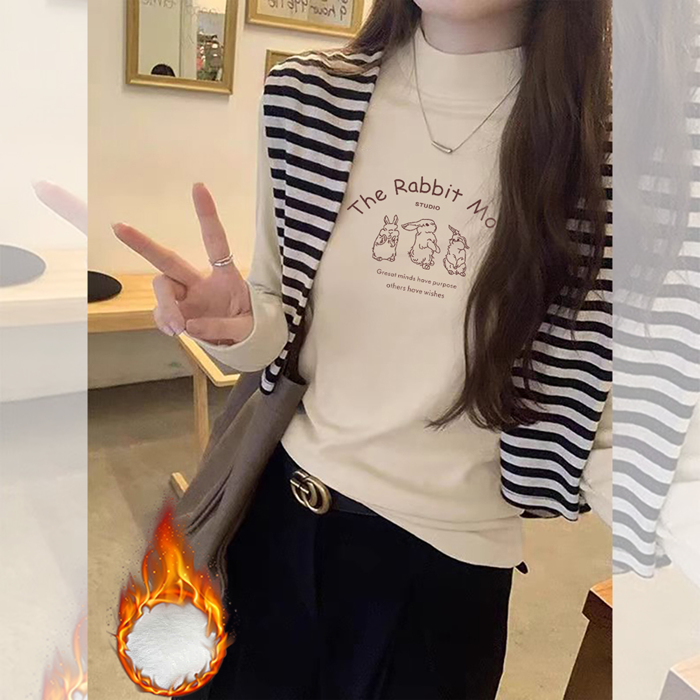 婳娇半高领长袖T恤女秋冬款加绒修身上衣洋气德绒加厚打底体恤衫