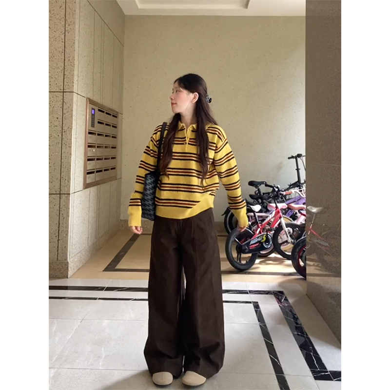 MARIE.COCO秋季新款复古polo领条纹针织衫上衣宽松阔腿休闲裤套装