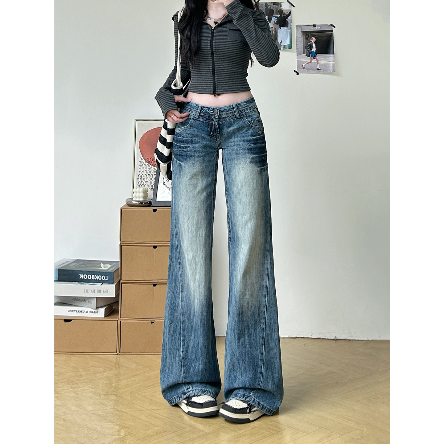 复古微喇叭牛仔裤女秋冬2025爆款低腰宽松显瘦不贴腿垂感拖地长裤