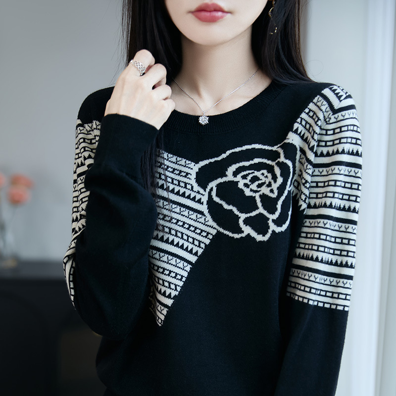 法式费尔岛提花针织衫女2025新款宽松精纺毛衫圆领女装打底衫上衣