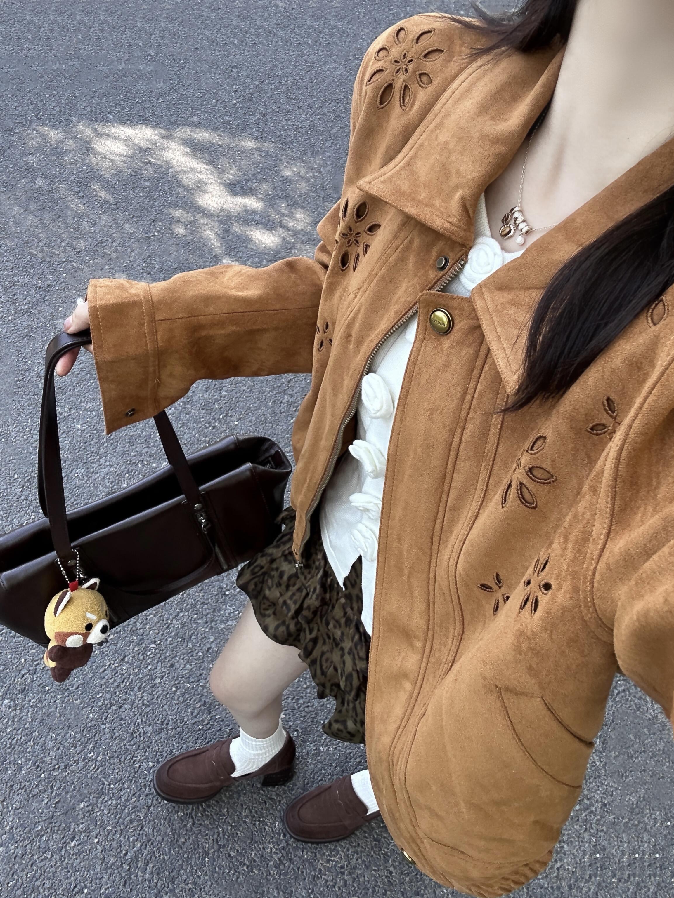 【摩登时代】高级感度假气质棕色外套减龄针织打底衫豹纹半身裙套装