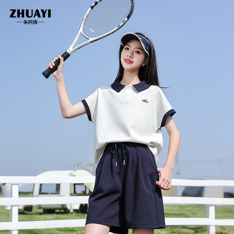 2025夏季两件套撞色翻领学院风套装轻薄宽松女款（25217320）2