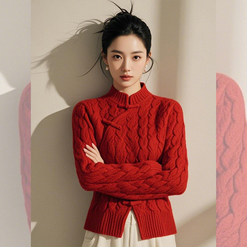 爆款新中式国风红色新年复古针织长袖女款冬季感气质内搭打底上衣