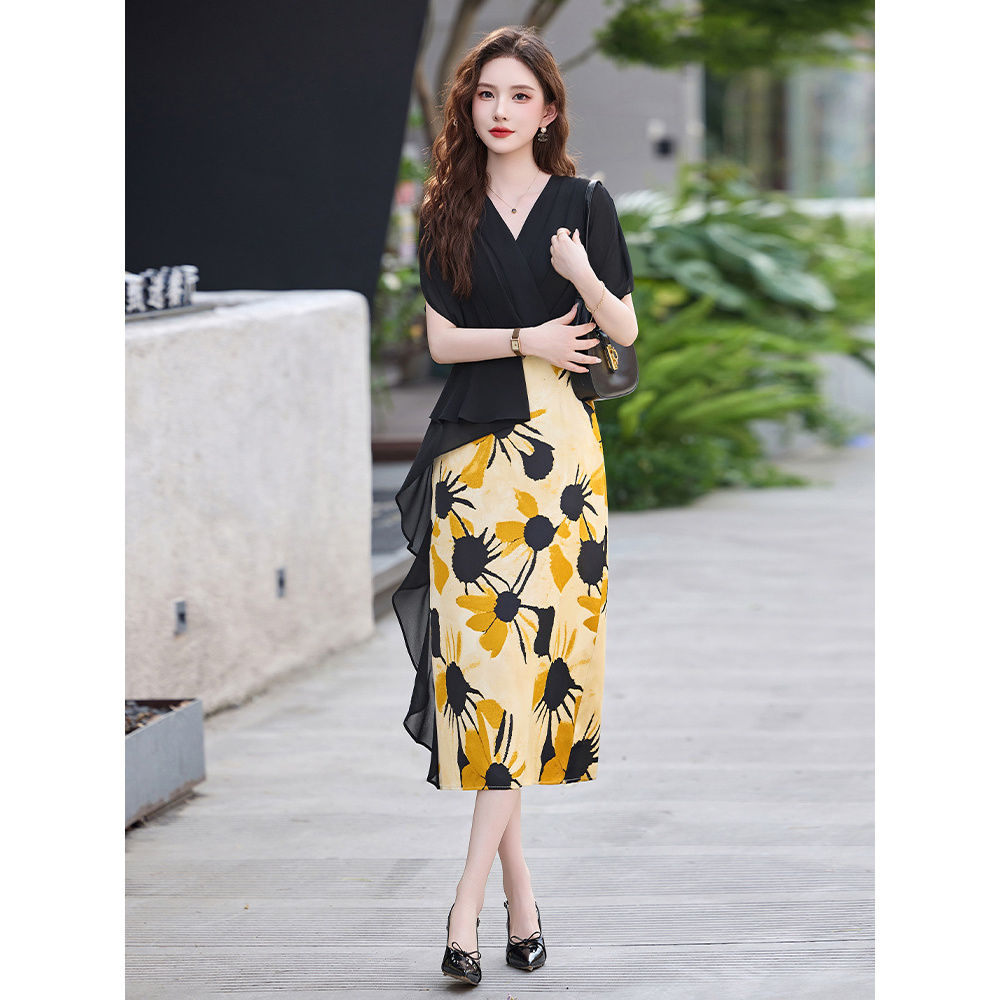 2025夏季新款女装领显瘦气质印花长裙假两件高级感时尚连衣裙