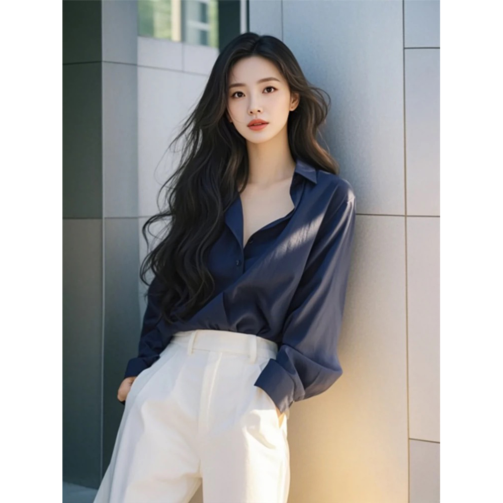 藏青色衬衫2025新款法式轻熟小众高级感轻奢不撞款上衣裤子套装女