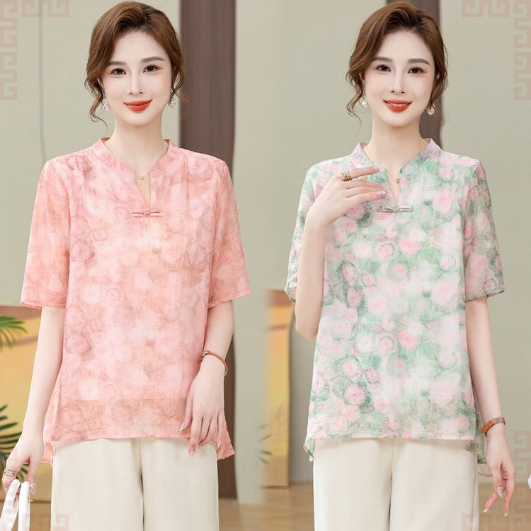 新款宽松俞兆林夏季时尚妈妈装洋气中老年女T恤两件套装国风小衫