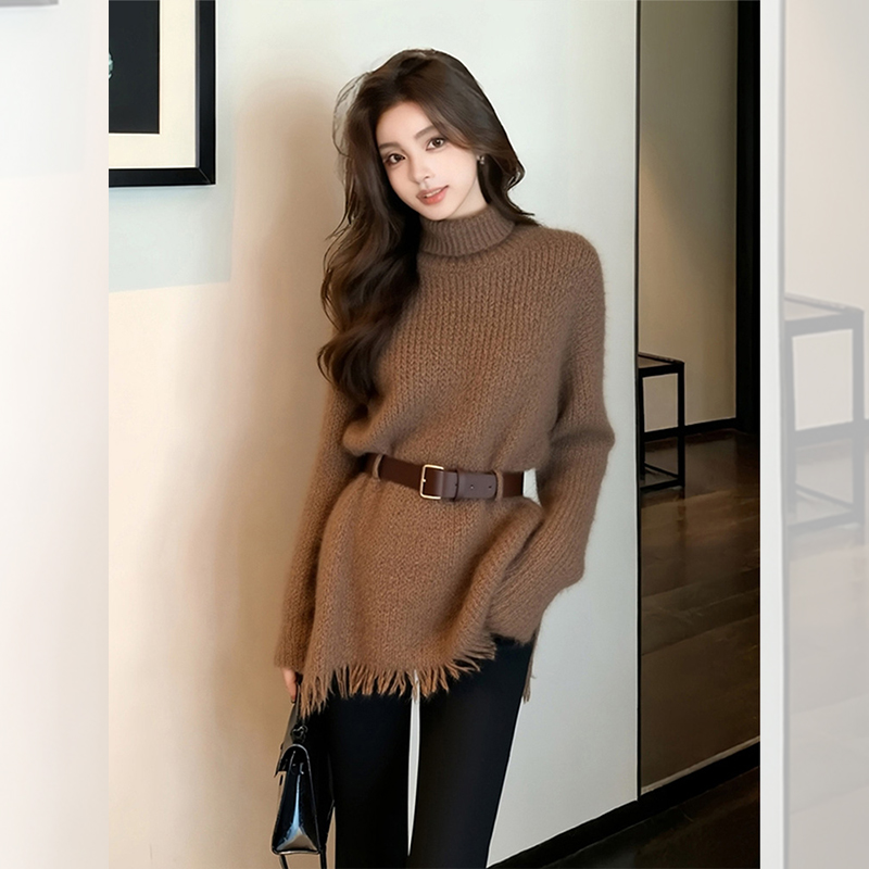 别致独特漂亮内搭咖色针织小衫毛衣女秋冬洋气高贵百搭半高领上衣