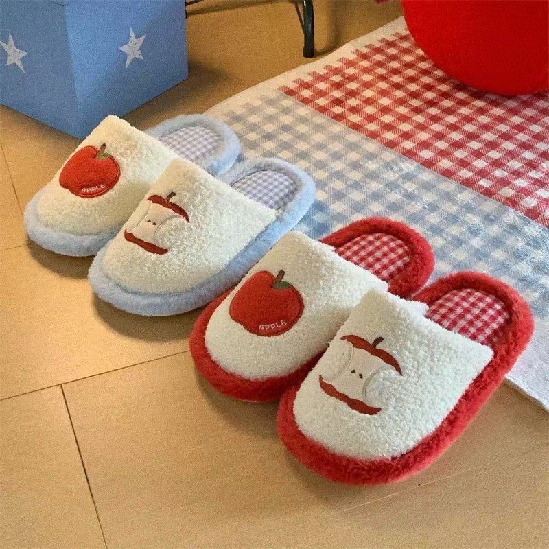 新款可爱毛毛红苹果个性百搭棉拖鞋女士保暖毛绒舒适地板鞋秋冬季