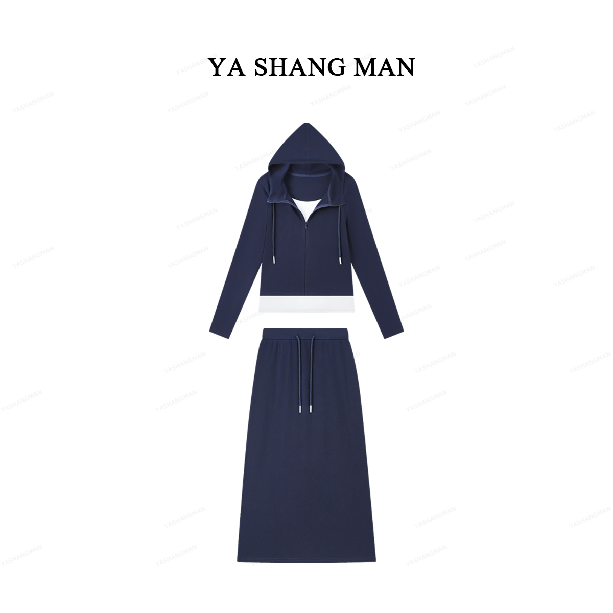 2025新款休闲套装假两件连帽抽绳上衣+半身裙两件套25701