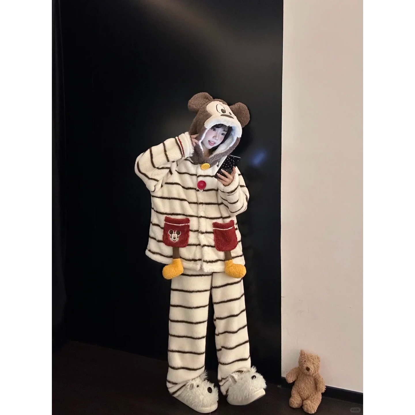 可爱卡通米奇开衫珊瑚绒冬季加厚保暖睡衣女款家居服可外穿套装款