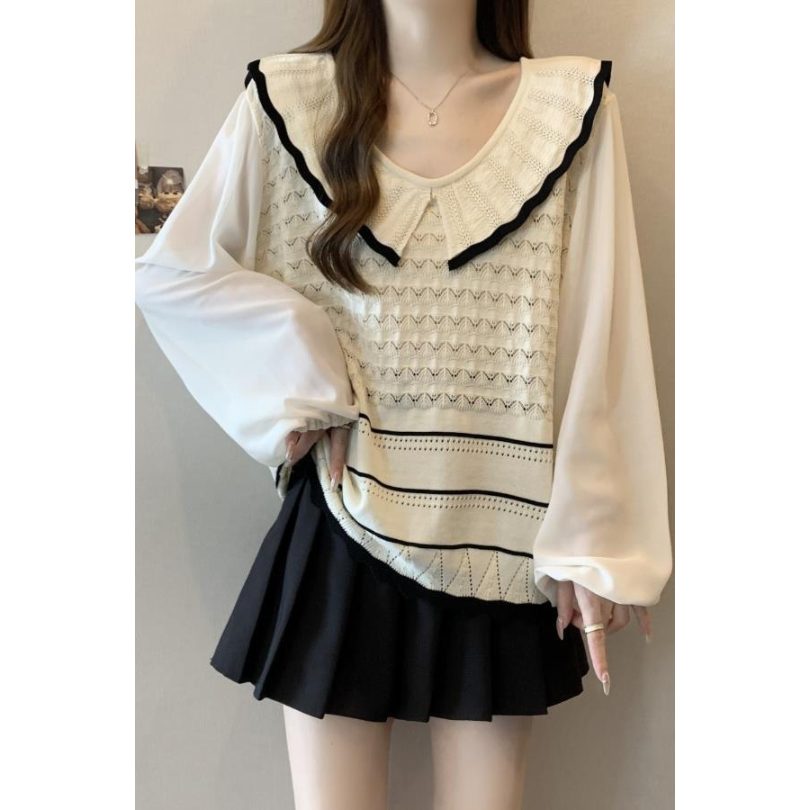 时尚大码新款娃娃领镂空长袖撞色拼接针织衫女夏胖mm设计感上衣