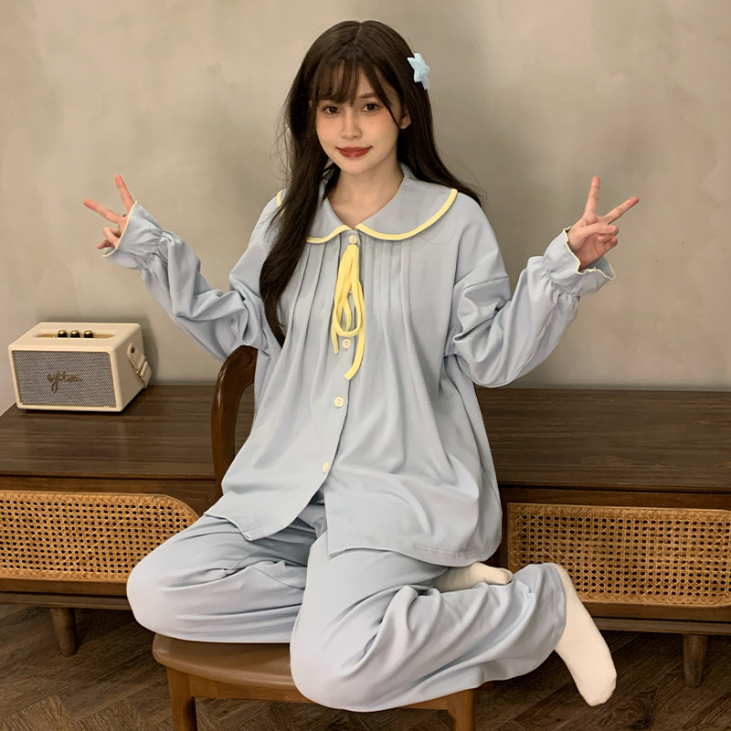 芯语婷春秋季新款简约蓝色睡衣女士薄款甜美卡通家居服套装可外穿