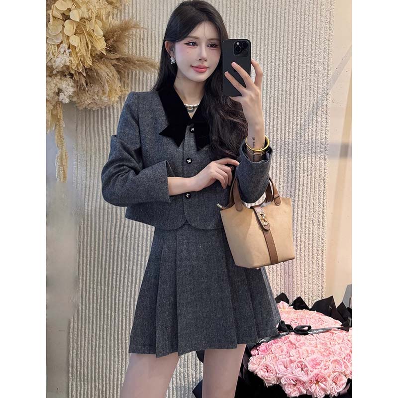 【两件套】【有里布】套装裙女高级感短外套小个子百褶裙两件套TX0208